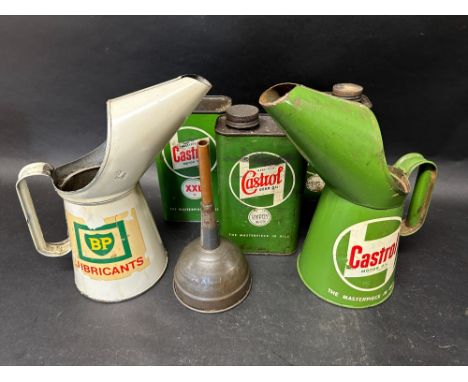 A selection of mostly Wakefield Castrol items including three cans, a pourer plus a BP branded pourer and a funnel.&nbsp;