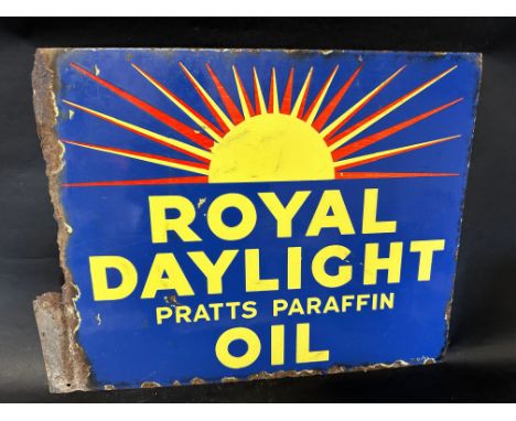 A Royal Daylight Pratts Paraffin Oil double sided enamel advertising sign, flange damaged and flattened, 23 1/2 x 18". 