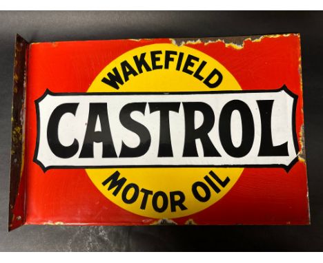 A Wakefield Castrol Motor Oil double sided enamel advertising sign with hanging flange by Bruton of Palmers Green, 20 x 13 1/