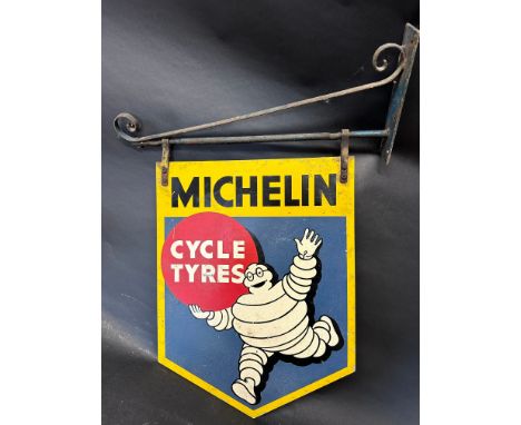 A Michelin Cycle Tyres double sided aluminium advertising sign on hanging bracket, 21 x 30" (inc bracket). 