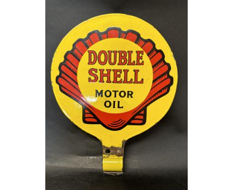 A Double Shell Motor Oil double sided enamel advertising oil pump lubester tag, 9 x 12".