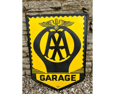 An AA Garage hanging advertisement by Franco consisting of two enamel signs back to back within hanging bracket, 23 1/2 x 33 