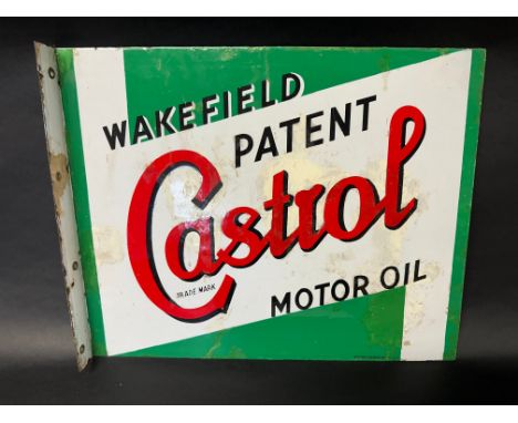 A Wakefield Castrol Motor Oil double sided enamel advertising sign with hanging flange by Bruton of Palmers Green, 20 x 16", 
