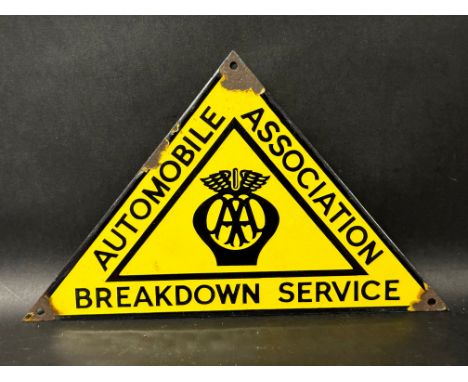 An AA Breakdown Service triangular enamel advertising sign, 12 1/4 x 7 1/2". 