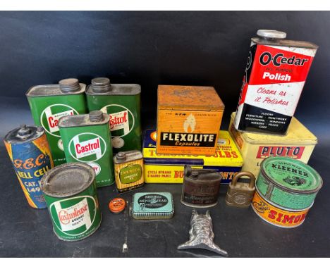 A collection of motoring items including an Esso padlock, a Rover car mascot and a quantity of tins including Castrol, BP, Jo