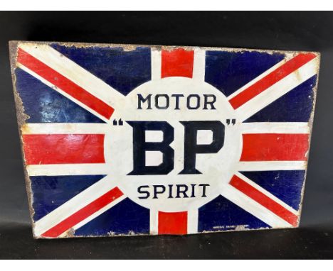 A BP Motor Spirit double sided enamel advertising sign with hanging flange by Imperial Enamel, 24 x 16", heavily restored. 