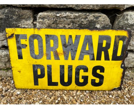 A Forward Plugs double sided enamel advertising sign, lacking flange, 18 x 10". 