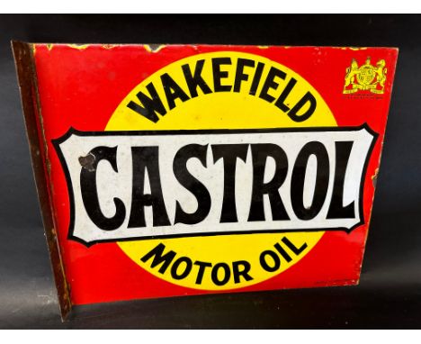 A Wakefield Castrol Motor Oil double sided enamel advertising sign with hanging flange by Bruton of Palmers Green, 20 x 16".