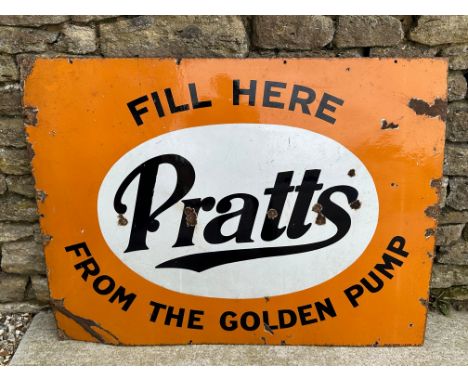 A large Pratts Fill Here From the Golden Pump enamel advertising sign by Patent Enamel, dated 7'25, 48 x 36 1/4". 