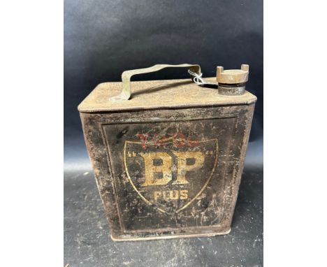 An original/untouched BP Plus two gallon can with BP cap, Valor 4'33. 