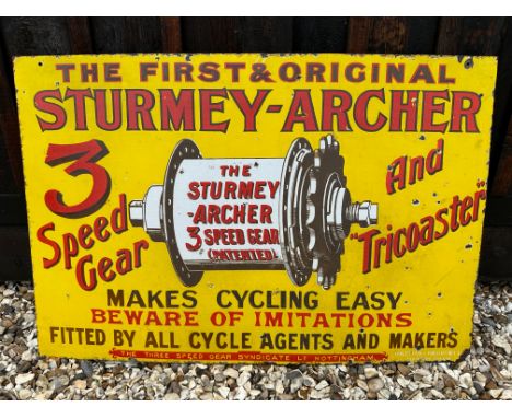 A Sturmey-Archer 3-Speed Gear Syndicate Ltd. Nottingham enamel pictorial advertising sign by Wildman and Meguyer, an early si