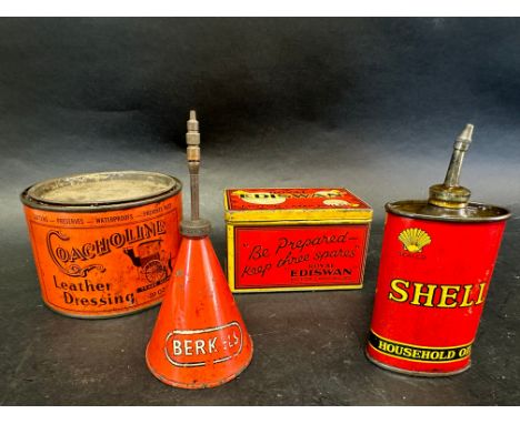 Four motoring tins inc. Shell, Royal Ediswan Motor Lamp Bulbs, Coacholine and Berkels oiler. 