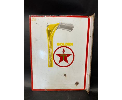 An early Texaco Golden part pictorial double sided enamel advertising sign with hanging flange depicting oil pouring from a j
