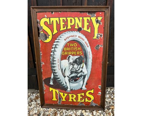 A Stepney Tyres enamel advertising sign by Imperial Enamel Co. Birm'm, set within a wooden frame, 24 1/4 x 31 1/4" overall. 
