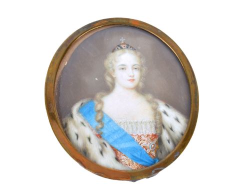 19th Century Russian Hand Painted Miniature Portrait on Ivory, Empress Anna Ivanovna (r. 1730-1740). Inscribed to back. sight