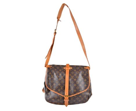 Louis Vuitton Brown Canvas Monogram Saumur 30 Bag. Double sided. Golden brass hardware, brown interior with patch pockets. La