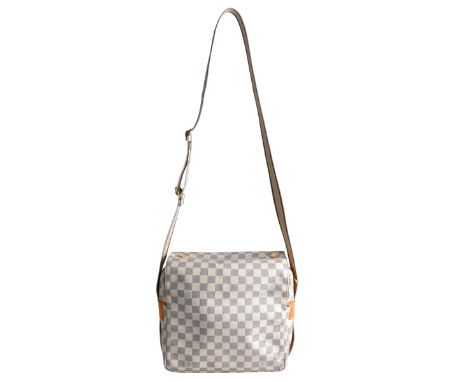 Louis Vuitton Ivory Canvas Damier Azur Naviglio Bag. Golden brass hardware, beige canvas interior, canvas strap. Dustbag incl