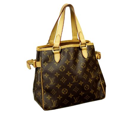 Louis Vuitton Brown Canvas Monogram Batignolles PM Bag. Golden brass hardware, brown interior with patch pockets, vachetta ha