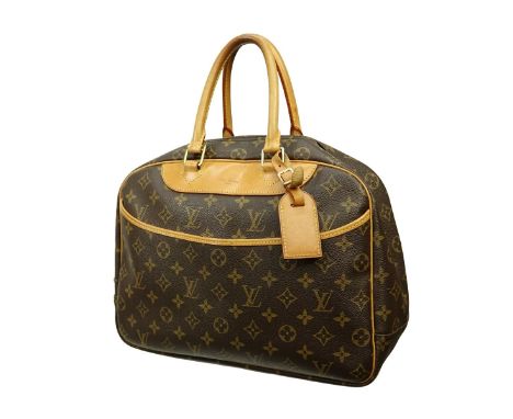 Louis Vuitton Brown Canvas Monogram Deauville Bag. Golden brass hardware, tan interior with patch pockets, vachetta handles. 