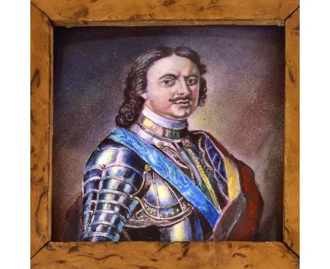 19/20th Century Russian Enamel Miniature Plaque Depicting Peter The Great. Unsigned. the emperor in armor with the Sash of th