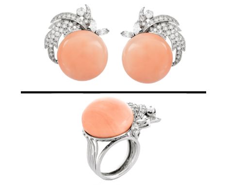 Vintage Angelskin Coral, Approx. 4.50 Carat Diamond and 14 Karat White Gold Ring and Earring Suite. Unsigned. Ring size 7; ea