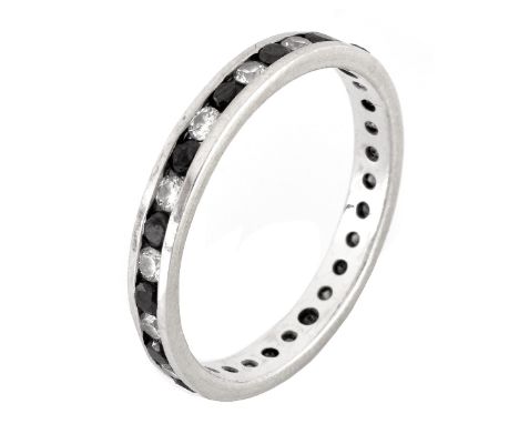 Vintage Approx. 1.25 Carat Round Brilliant Cut Diamond, Sapphire and 14 Karat White Gold Eternity Band. Diamonds H color, VS1