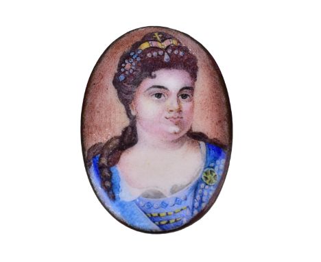 19/20th Century Russian Enamel Miniature Portrait Plaque Depicting Catherine i (wife of Peter the Great). Unsigned. Measures 