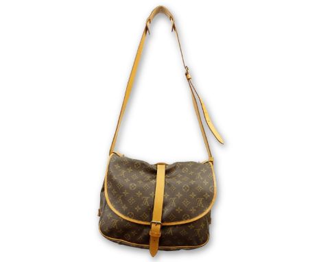 Louis Vuitton Brown Canvas Monogram Saumur 30 Bag. Double sided. Golden brass hardware, brown interior with patch pockets. La