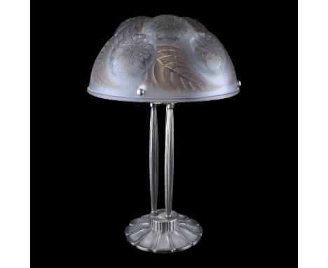 Art Deco Style Silvered Metal Lamp with Czech Frosted Glass Shade. Unsigned. Measures 18-3/8" H, Shade measures 12-1/4" Dia. 