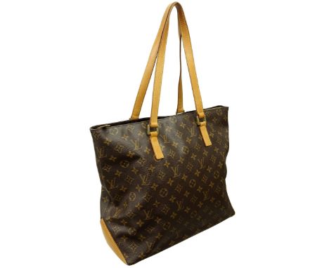 Louis Vuitton Brown Monogram Canvas Cabas Mezzo Tote. Golden brass hardware, brown interior with patch and zippered pockets, 
