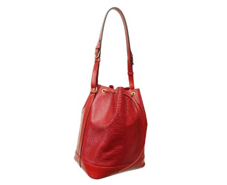 Louis Vuitton Red Epi Leather Noe GM Bag. Golden brass hardware, red suede interior. Labeled appropriately. Serial #AR0925. M