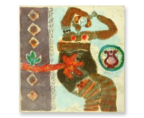 Théo Tobiasse (FRENCH, 1927–2012) Carborundum Print in Colors, La Femme a la Lyre. Signed and numbered 27/75. Sheet measures 