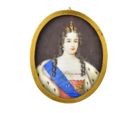 19th Century Russian Hand Painted Miniature Portrait on Ivory, Empress Elizabeth I (r. 1741-1762). sight measures 3" H x 2-3/