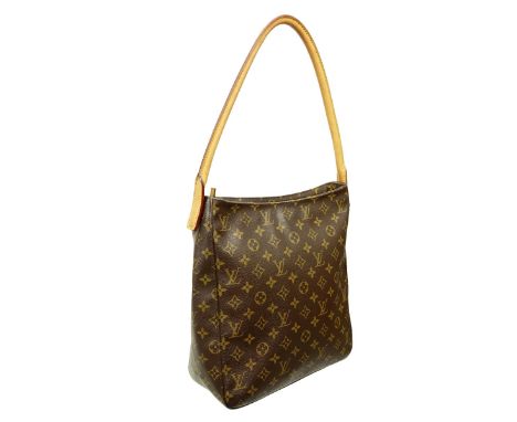 Louis Vuitton Brown Canvas Monogram Looping GM Bag. Golden grass hardware, tan suede interior with zippered and patch pockets