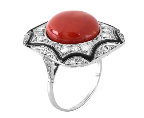 Art Deco Approx. 1.50 Carat Pave Set Old European Cut Diamond, Cabochon Red Coral, Enamel and Platinum Ring. Diamonds H color