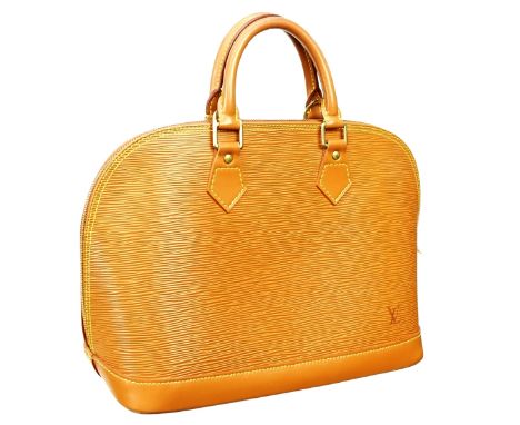 Louis Vuitton Gold Epi Leather Alma PM Bag. Golden brass hardware, gold suede interior with slot pocket. Dustbag included. La