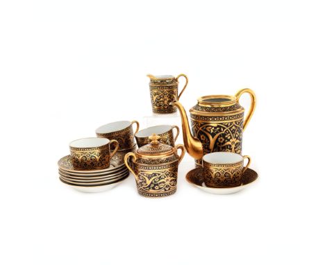 patterned, painted, gilded porcelain, teapot: h=19,5 cm; sugar bowl: h=13 cm; milk pot: h=8,5 cm; cup: h=5 cm; d=7,5 cm (each