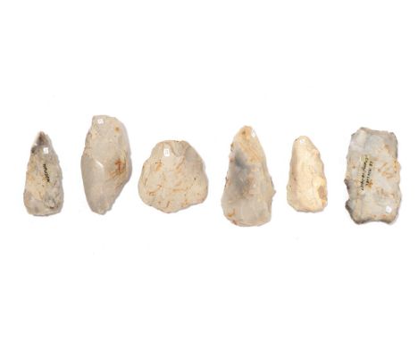 A Flint Chisel, inscribed, ''Moreuil'', Northern France, 70 mm long, 32g; a flint scraper, inscribed, ''Moreuil 81'' and furt