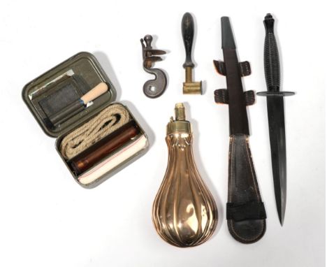 A 19th Century Copper Powder Flask, with fluted decoration, brass charger and external spring; a Third Pattern Commando Knife