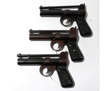 PURCHASER MUST BE 18 YEARS OF AGE OR OVER Three Post-War Webley Junior .177 Calibre Air Pistols, one with blued finish, numbe