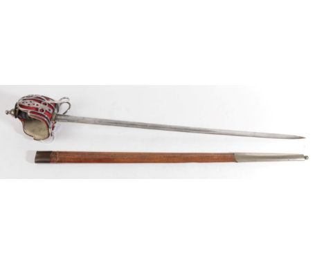A Victorian Scottish 1828 Pattern Basket Hilt Broadsword, the 83cm double edge steel blade etched with crowned VR cypher, thi