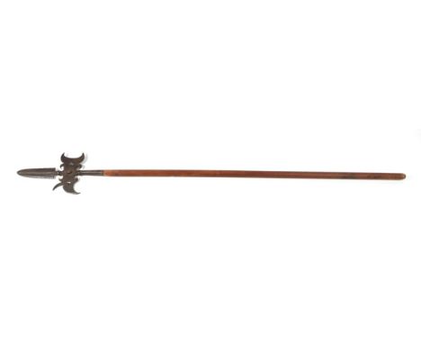 A French Halberd in 18th Century Style, the head with 20cm leaf shape blade with raised medial ridge, crescent shape axe head