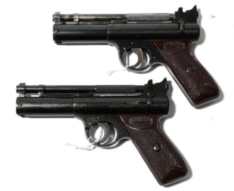 PURCHASER MUST BE 18 YEARS OF AGE OR OVER Two Post-War Webley Senior .22 Calibre Air Pistols, with blued finish and chequered