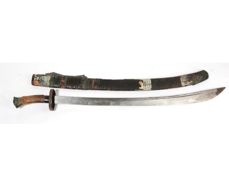 A Late 19th/Early 20th Century Chinese Dao, the 77cm single edge curved steel blade widening at the tip, with two narrow full