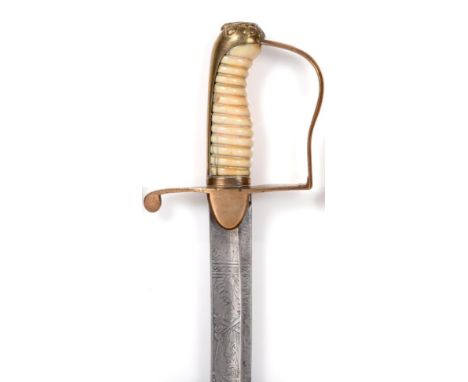 A Georgian Yeomanry Officer's Sword, the 82.5cm single edge curved fullered steel blade etched with martial trophies and foli