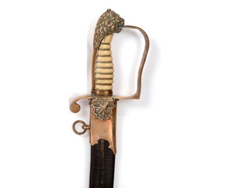 A George III Infantry Officer's Sword, the 77cm single edge curved and broad fullered steel blade engraved with martial troph
