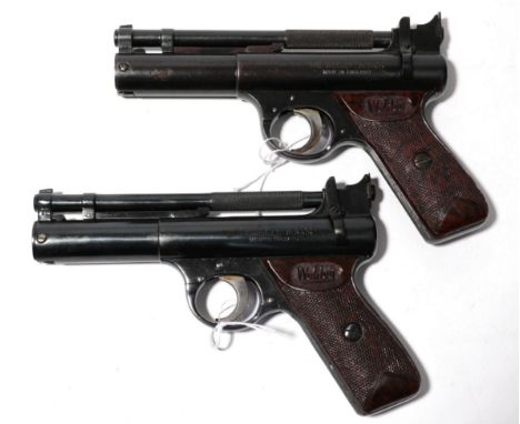 PURCHASER MUST BE 18 YEARS OF AGE OR OVER Two Post-War Webley Senior .22 Calibre Air Pistols, with blued finish and chequered