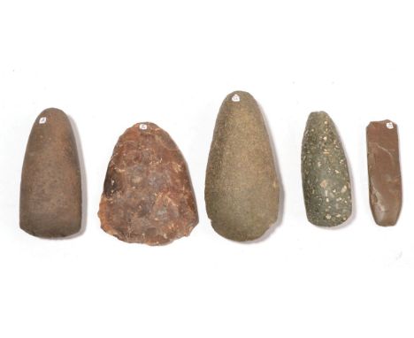 Five Tools Believed Originating From Chad, North Central Africa, comprising: a porphyry axehead, 82 mm long, 97g; a lamprophy