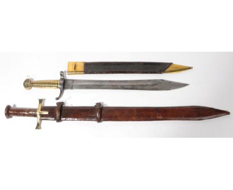 A 19th Century Spanish Artillery Hanger/Bayonet, the 43.5cm hatchet tip steel blade etched FABRICA D TOLEDO to one side of th