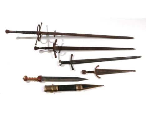 A Copy of a Medieval Two Handed Sword, with 120cm double edge steel blade, the cruciform hilt with steel crossguard and loop 